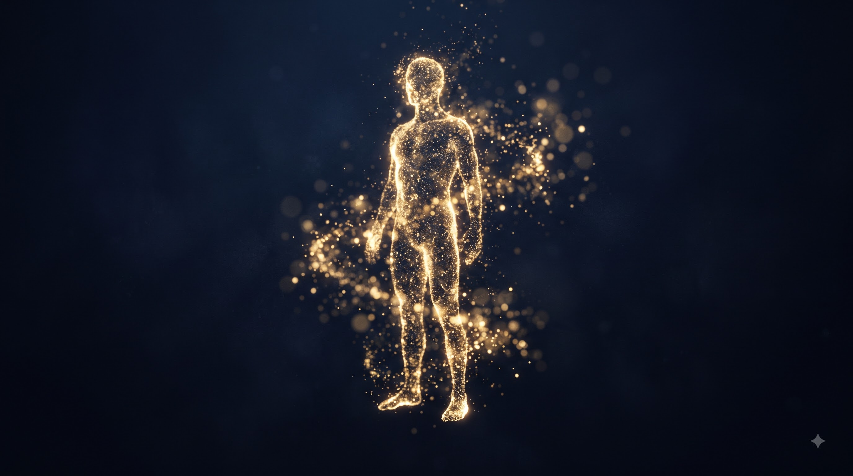 Abstract gold particles forming a human figure, representing capacity being rebuilt.