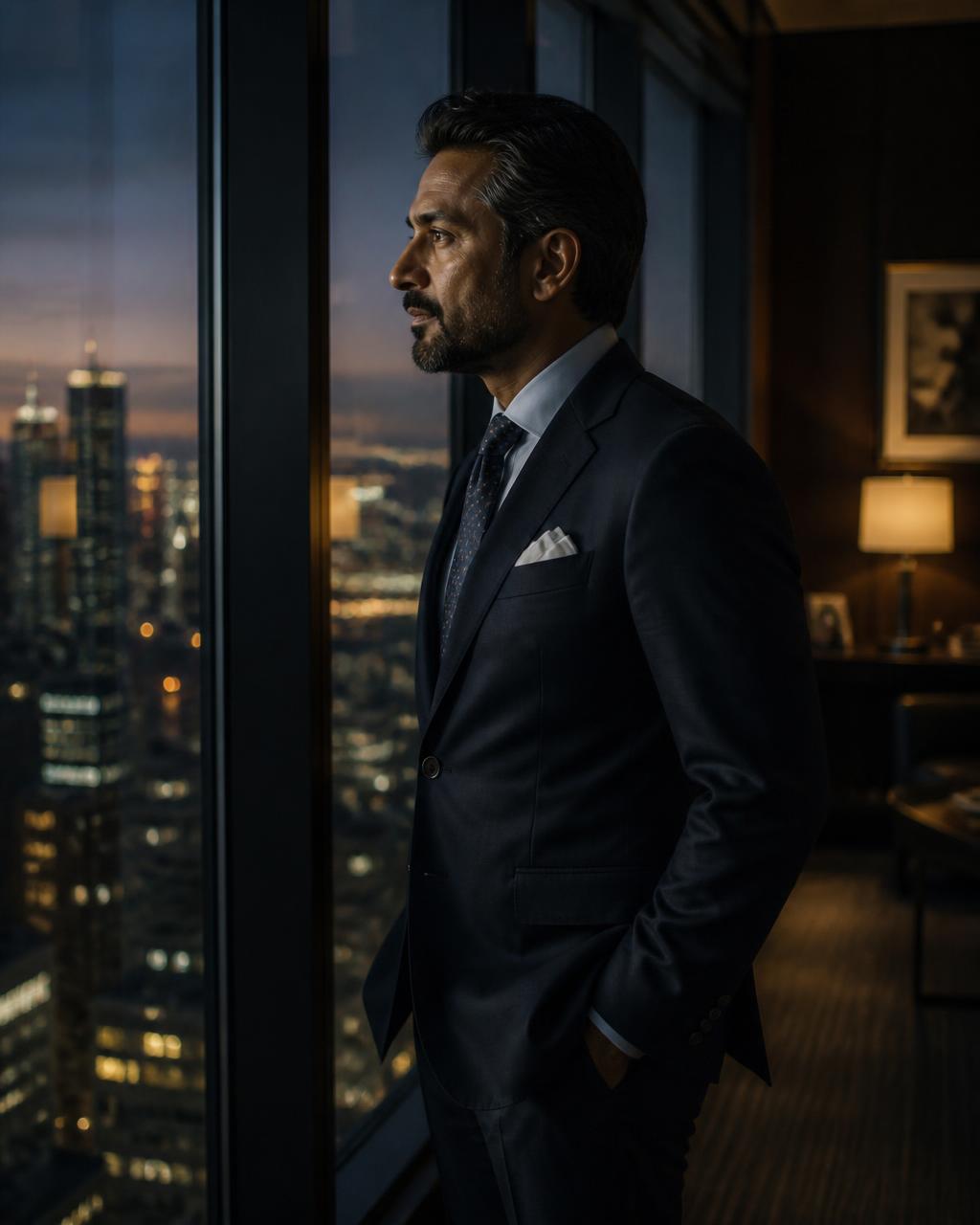 Indian executive standing alone at a high-rise window at dusk